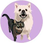 logo psychopieski - biały szpic niemiecki i bura kotka na różowym tle